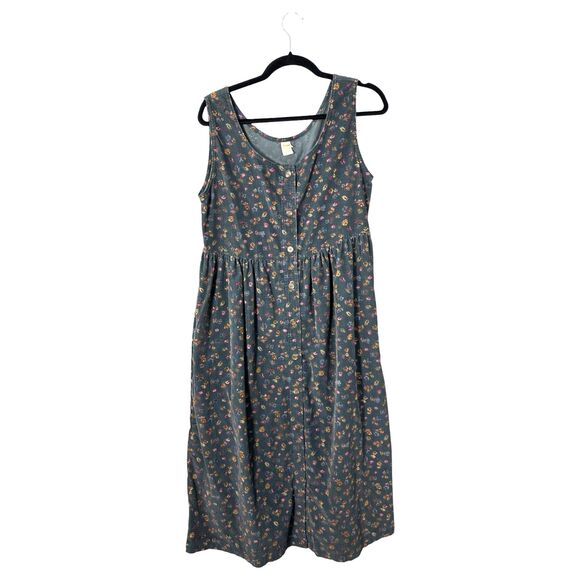 L.L. Bean Vintage Cotton Corduroy Floral Button Front Babydoll Dress 8 Petite - Picture 1 of 5